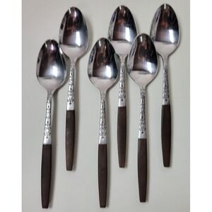 6 Vintage Interpur Stainless Steel Japan Teaspoons Brown Handle Canoe‎ Hearts
